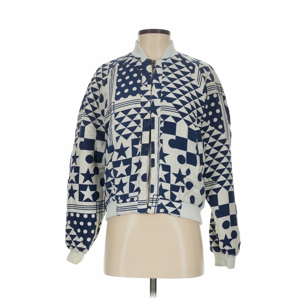 Go Silk Navy White Geometric Silk Bomber Jacket Size 1